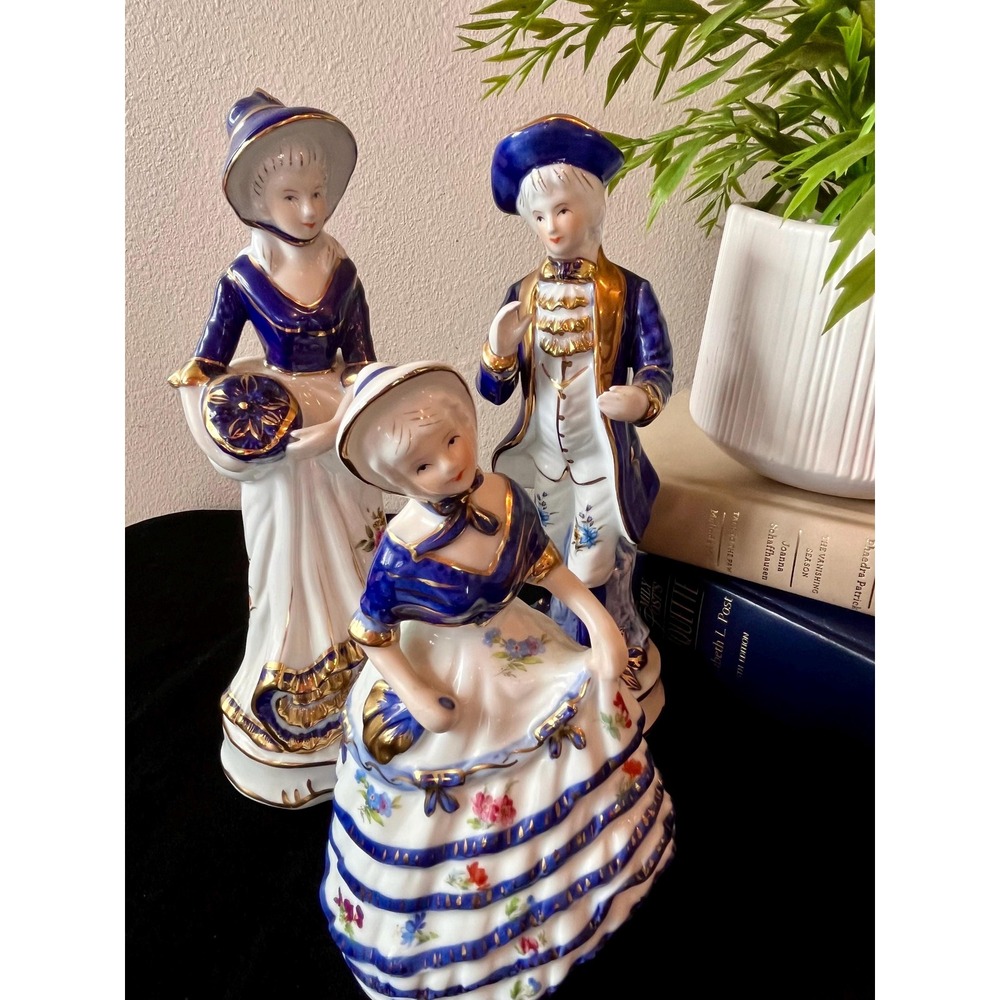 Vintage KPM Japan Porcelain Figurines Set of 3 Blue White Gold Colonial Couple